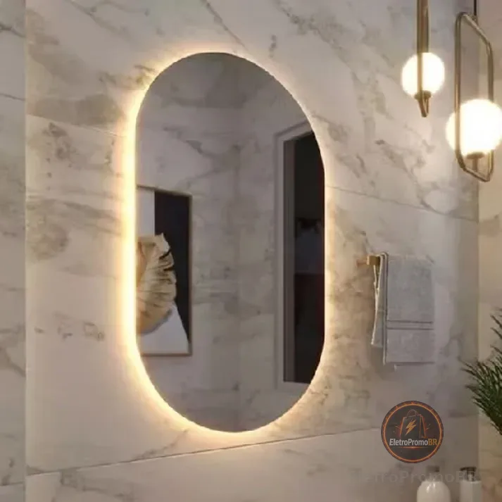 Espelho Oval de Parede com LED Luz Quente e Fria para Banheiro Sala Quarto