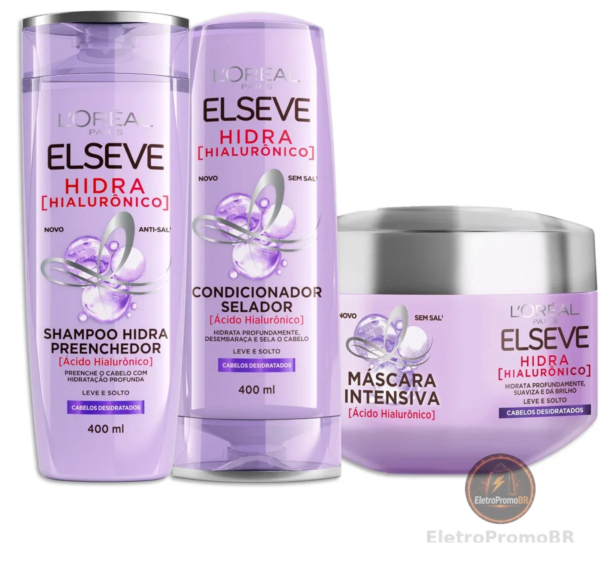 L'Oréal Paris Elseve Hidra Hialurônico Kit Shampoo 400ml + Condicionador 400ml + Creme de Tratamento 300G, Ação Preenchedora que Injeta 4X Mais Hidratação nos Fios Desde o Primeiro Uso