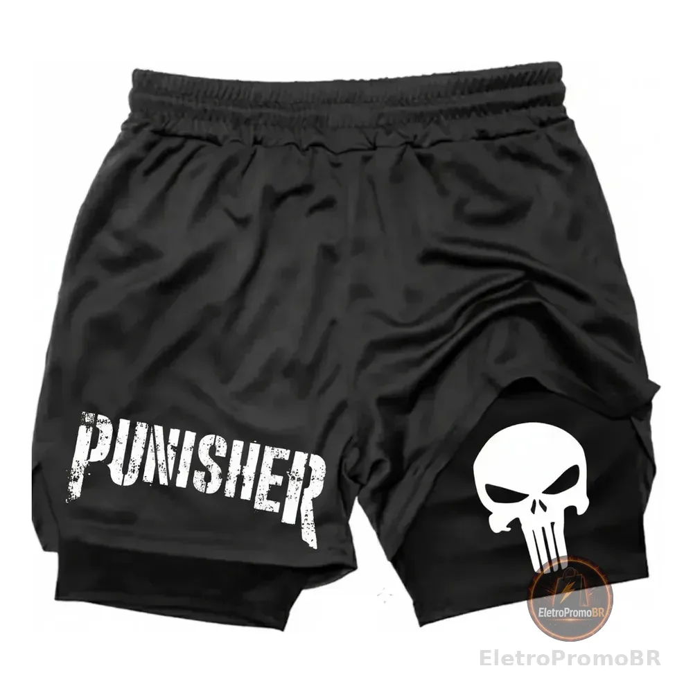 Short Punisher 2 Em 1 Dry Fit Treino Academia Corrida Preto Lisa M