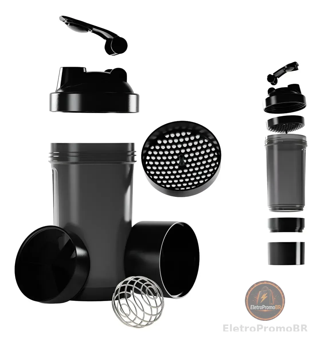 Coqueteleira Shaker Academia Compartimento Suplementos Divisórias 500ml (Preto)