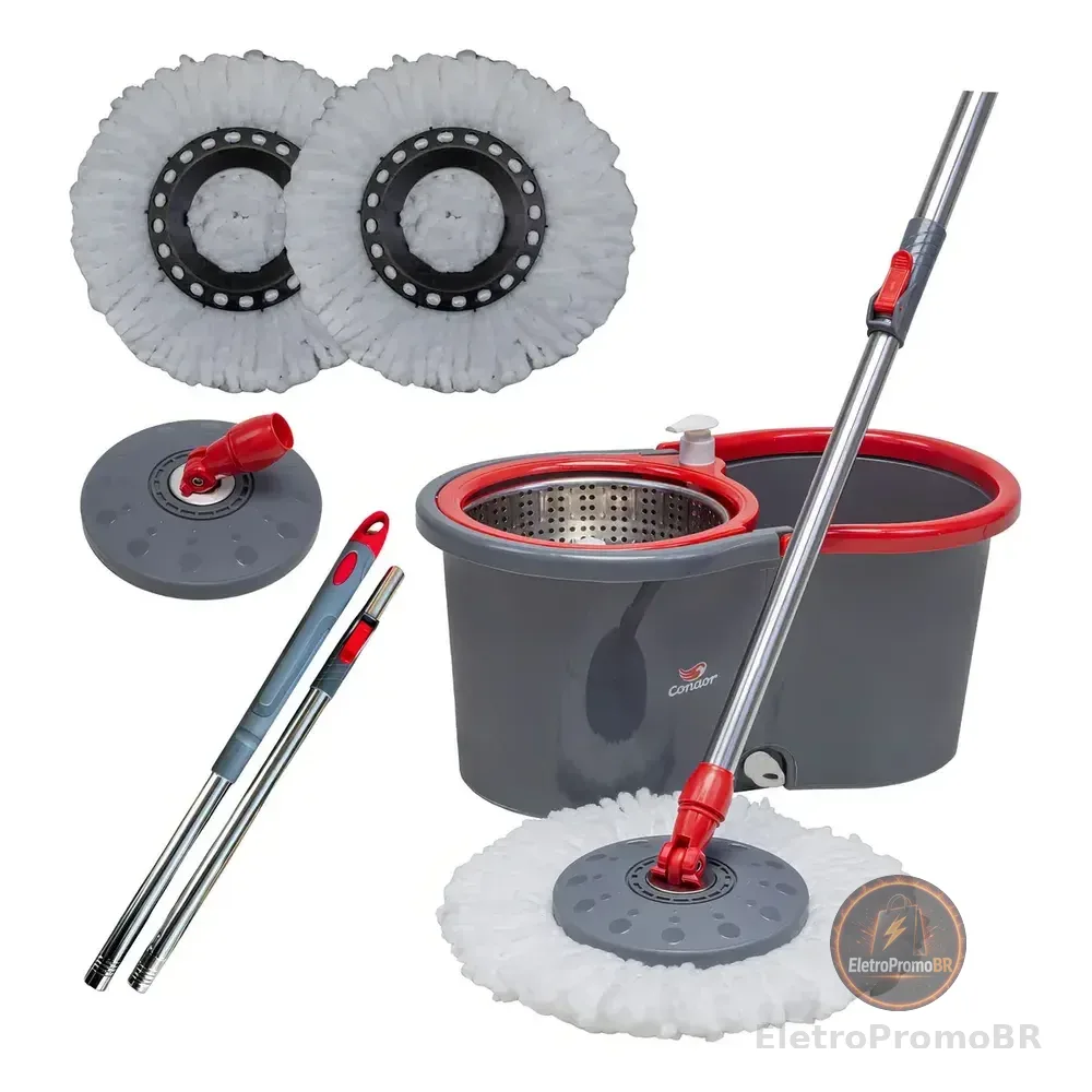 Mop Esfregão Giratório Condor Balde Inox 13 Litros + Refil Microfibra + Cabo Longo 1,4 Metros Cinza