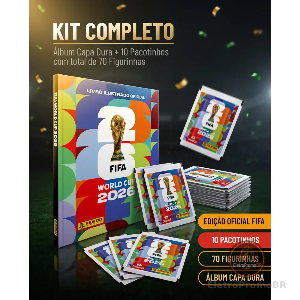 Kit 70 Figurinhas + Álbum Copa Do Mundo Fifa 2026 Panini Capa Dura C/ 10 Envelopes