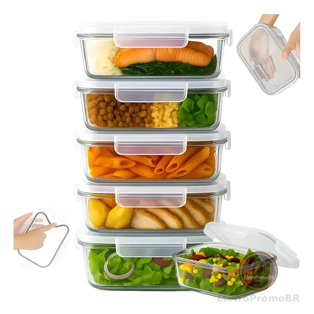 Yab - Kit 5 Potes De Vidro Marmita C/ Tampa Hermético 640ml Retangular 4 Travas Borossilicato Alimentos Micro-ondas Freezer Geladeira Transparente