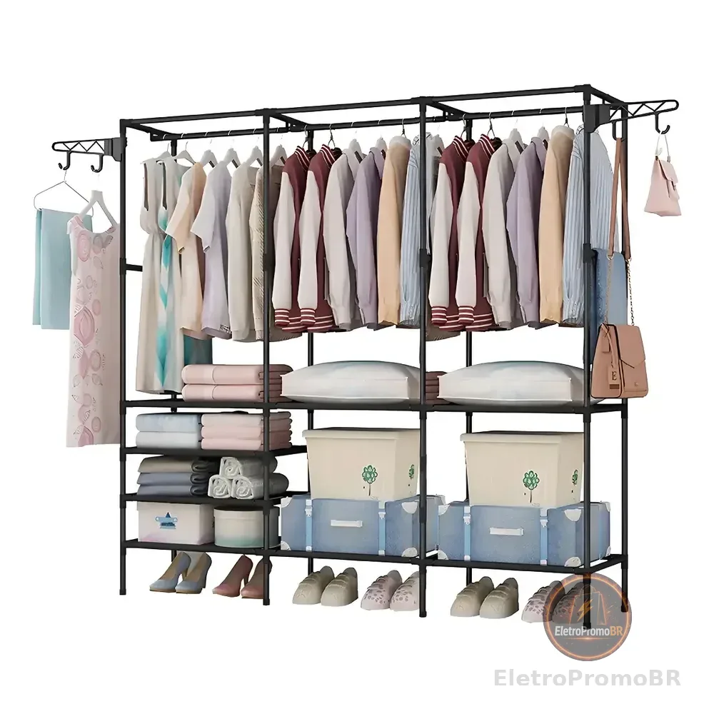 Cabideiro Arara Closet Roupas Sapateira Triplo Cor Preto