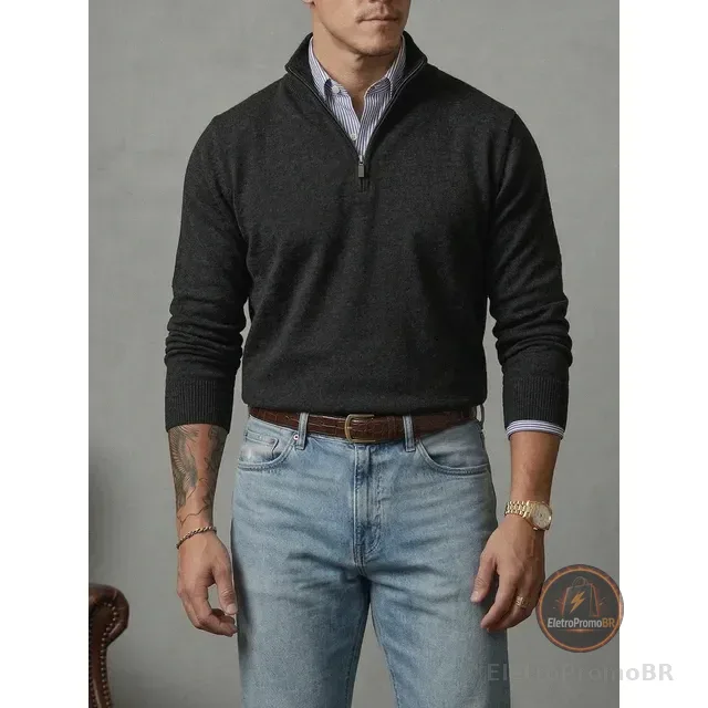 Suéter Masculino Zíper Elegante Gola Alta Inverno Old Money