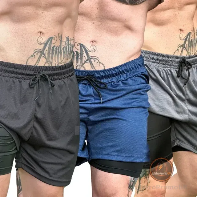 Kit 3 Bermuda 2 Em 1 Short Duplo Masculina Academia Corrida