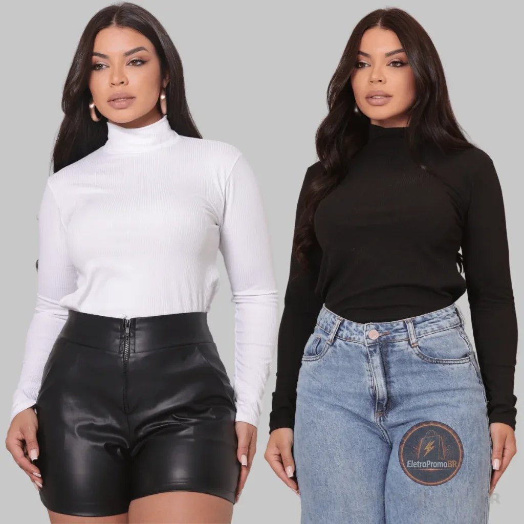 Kit 2 Blusa Feminina Segunda Pele Gola Alta Manga Comprida