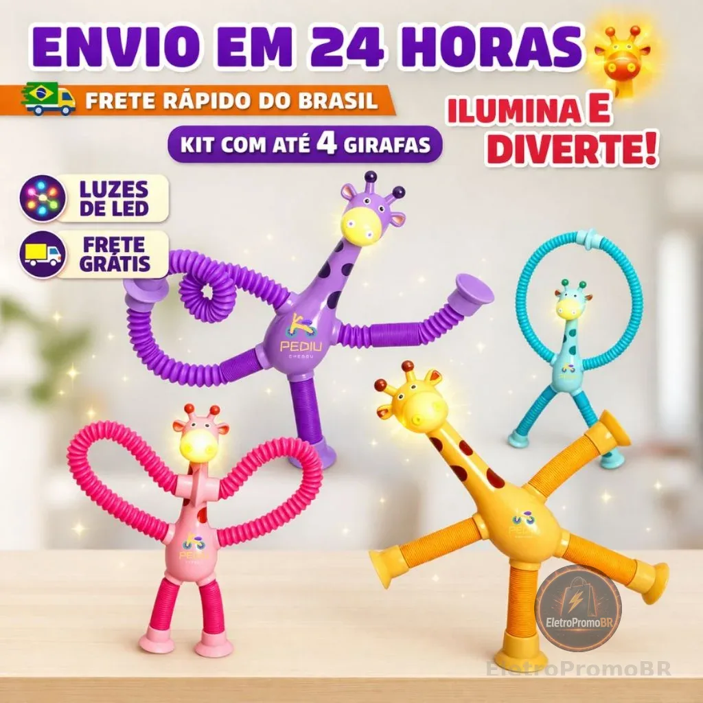 Kits 1/2/4 de Brinquedo Infantil Girafa Pop Tubo Led Com Ventosa