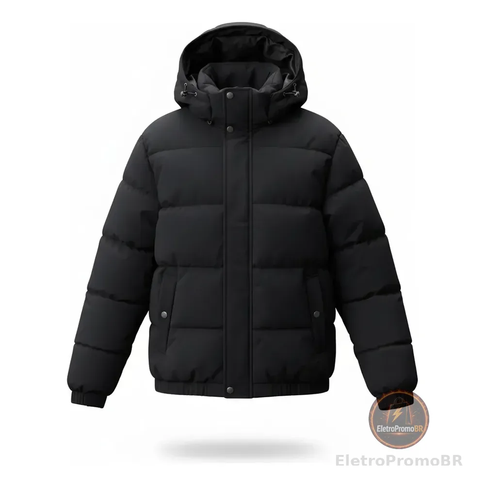 Jaqueta Casaco Masculino Puffer Preta Inverno Capuz Premium Preto M Lisa