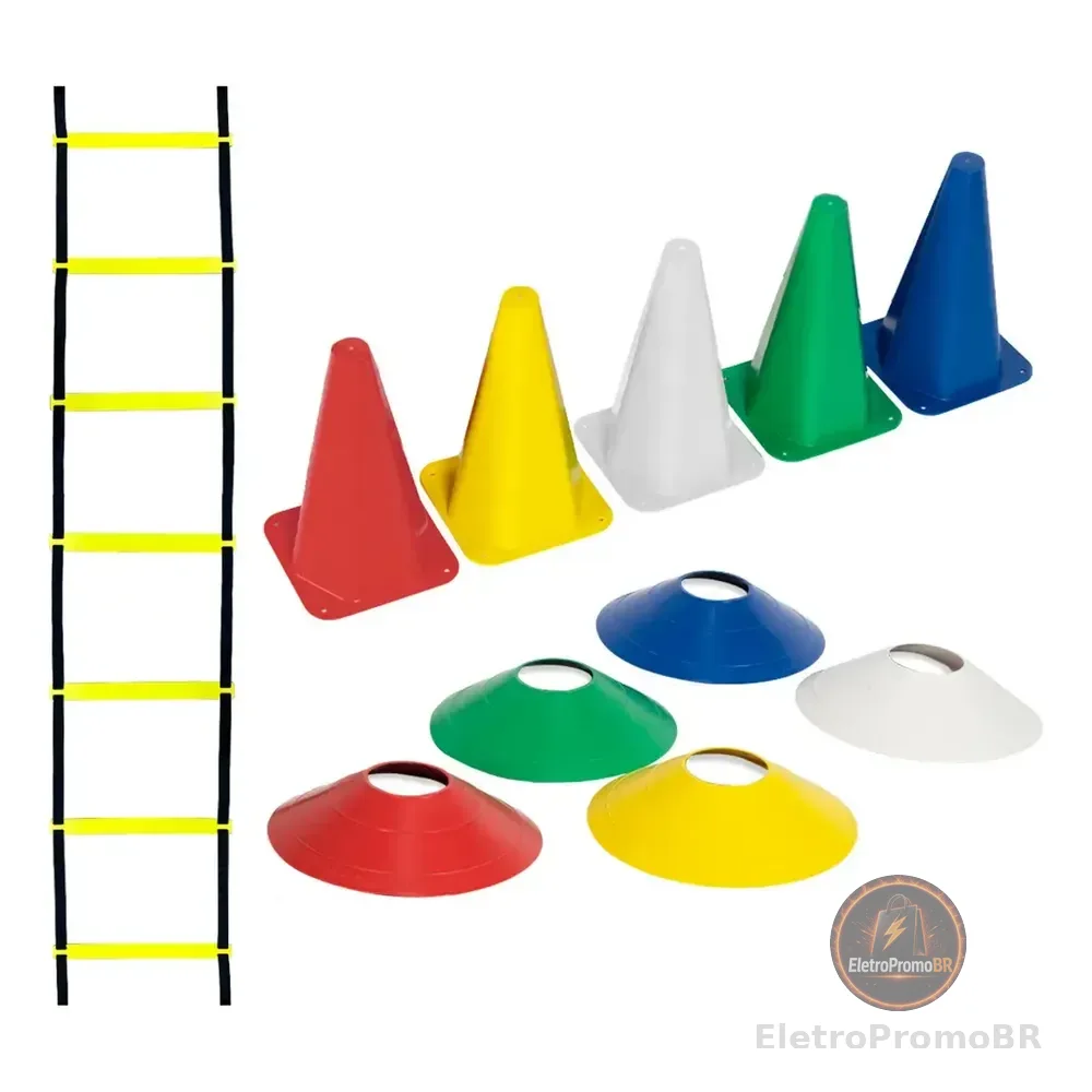 Kit Funcional Agilidade 5 Chapéus + 5 Cones E Escada Para Treino Completo Colorido