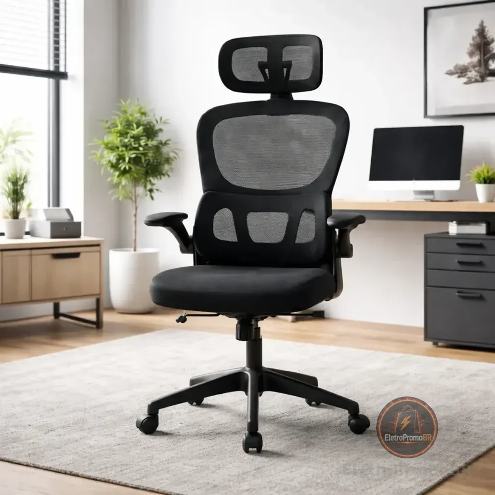 Cadeira Escritório Ergonômica Genebra Suporte Lombar Mesh Pr Preto Espuma
