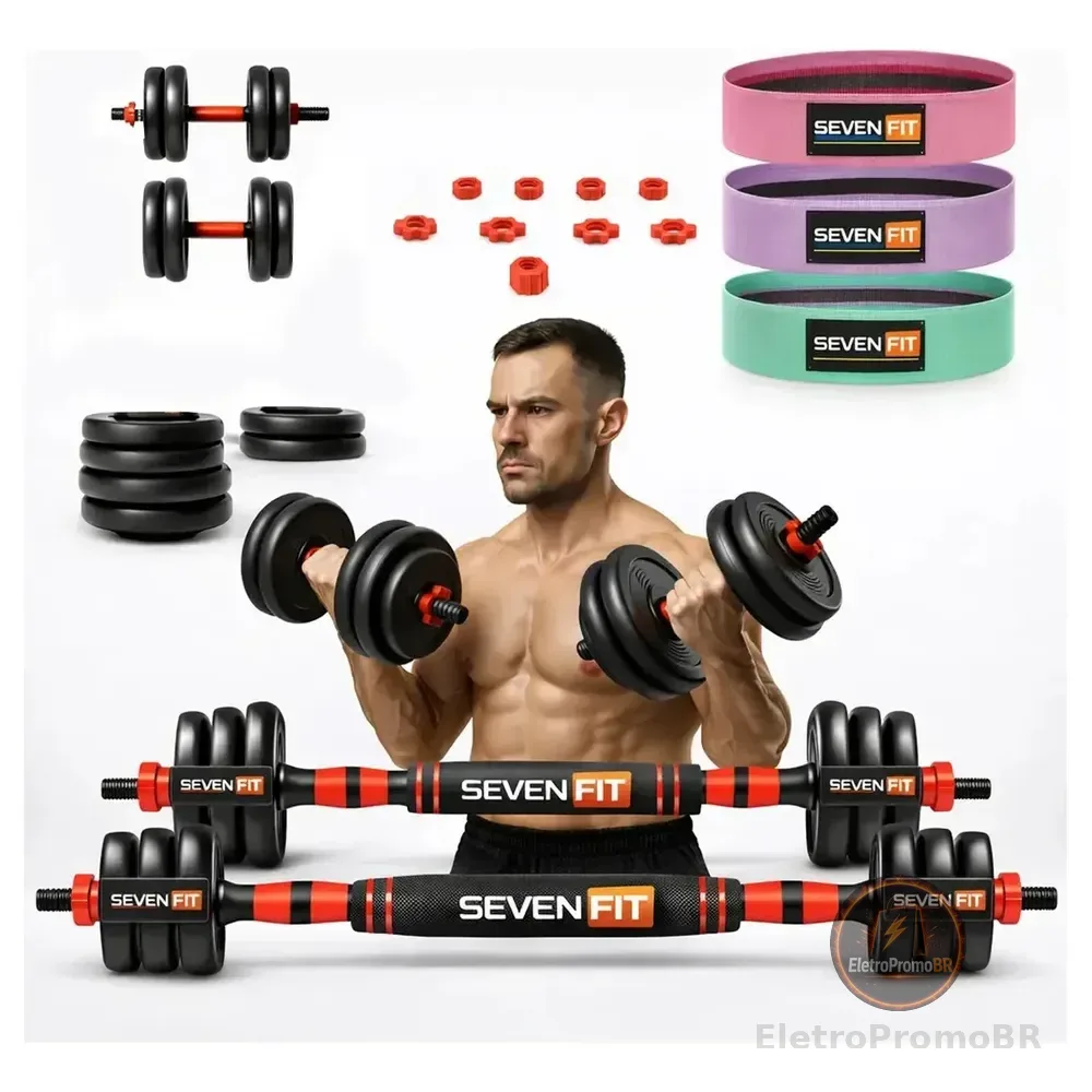 Kit Halteres E Anilhas Musculação Ajustáveis Academia Fit 6 Em 1 15kg Marca Sevenfit + Brinde Incluso Preto