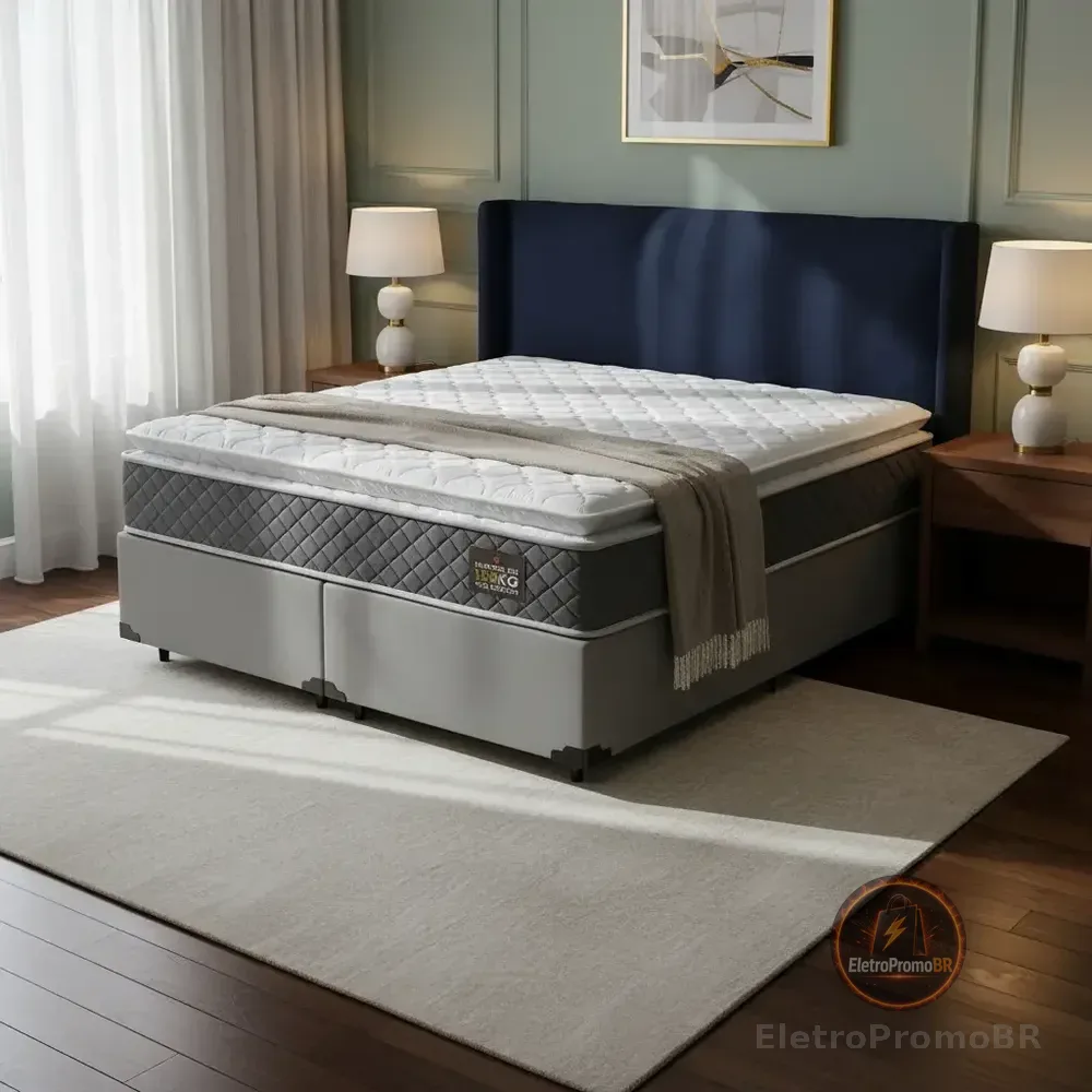 Cama Box Queen + Colchão De Espuma D45 C/ Pillow Top Cor Cinza