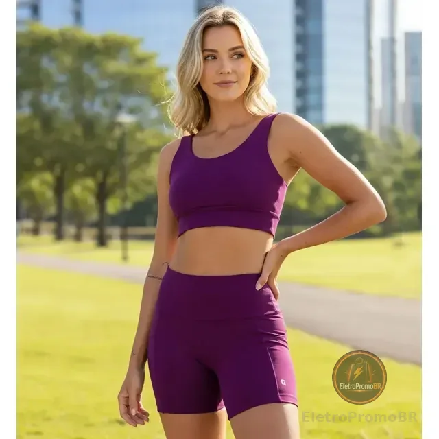 Conjunto Feminino  Shorts Corrida Com Bolsos + Top Com Bojo
