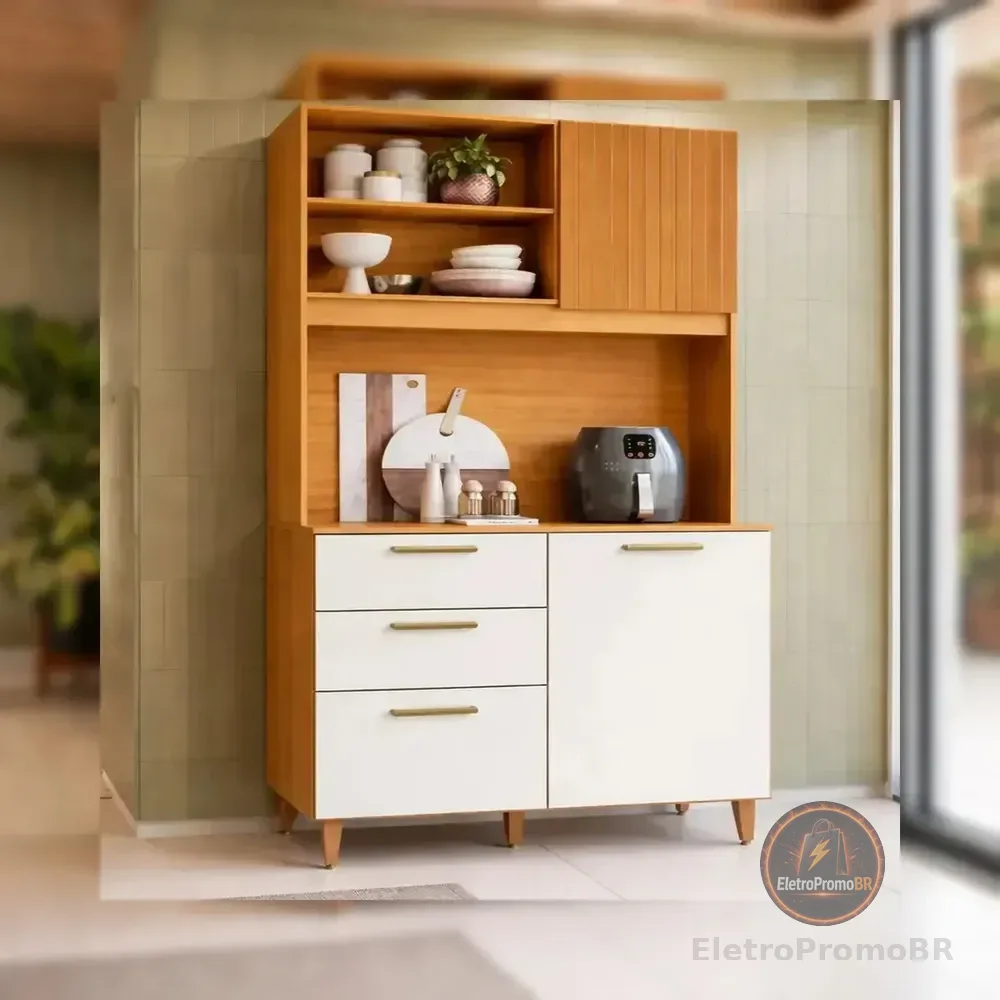 Armário Cozinha Compacto Kit Cozinha Poliman Com 3 Portas 2 Gavetas Sicília Piccolo Mdp Pintura Uv Branco Cor Freijó Off Ripado