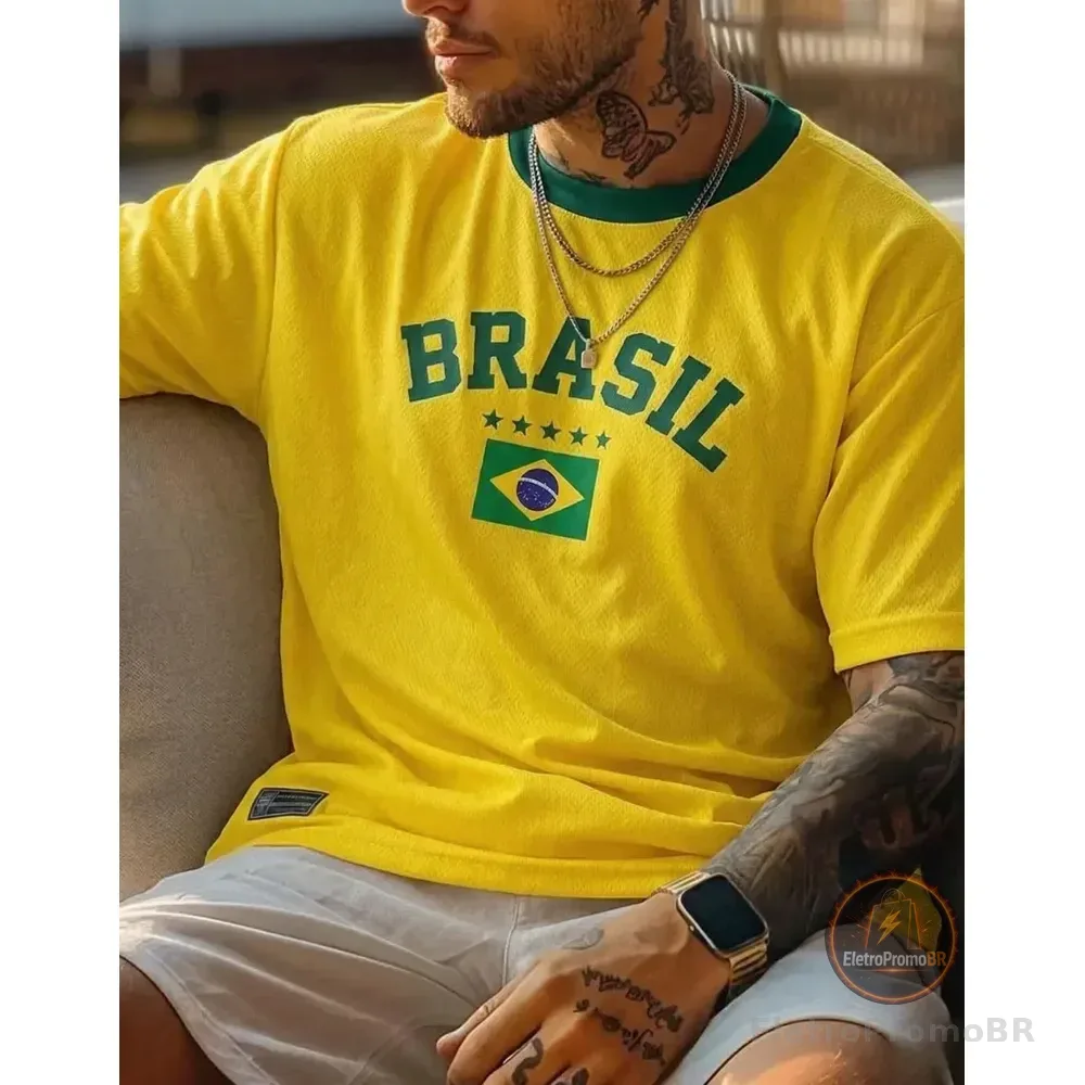 Blusa Brasil Retrô Estampada Bandeira Camiseta Masculina Amarelo M