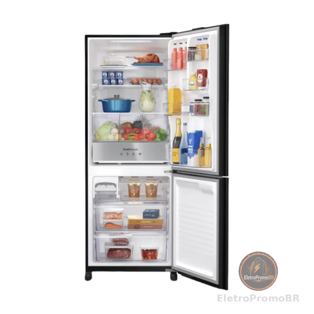Panasonic Geladeira Frost Free 2 Portas Inverter 467L, 185.3x69.4x74.5cm, Bottom Freezer, Classe A, Black Glass, Fresh Freezer, Touch Panel
