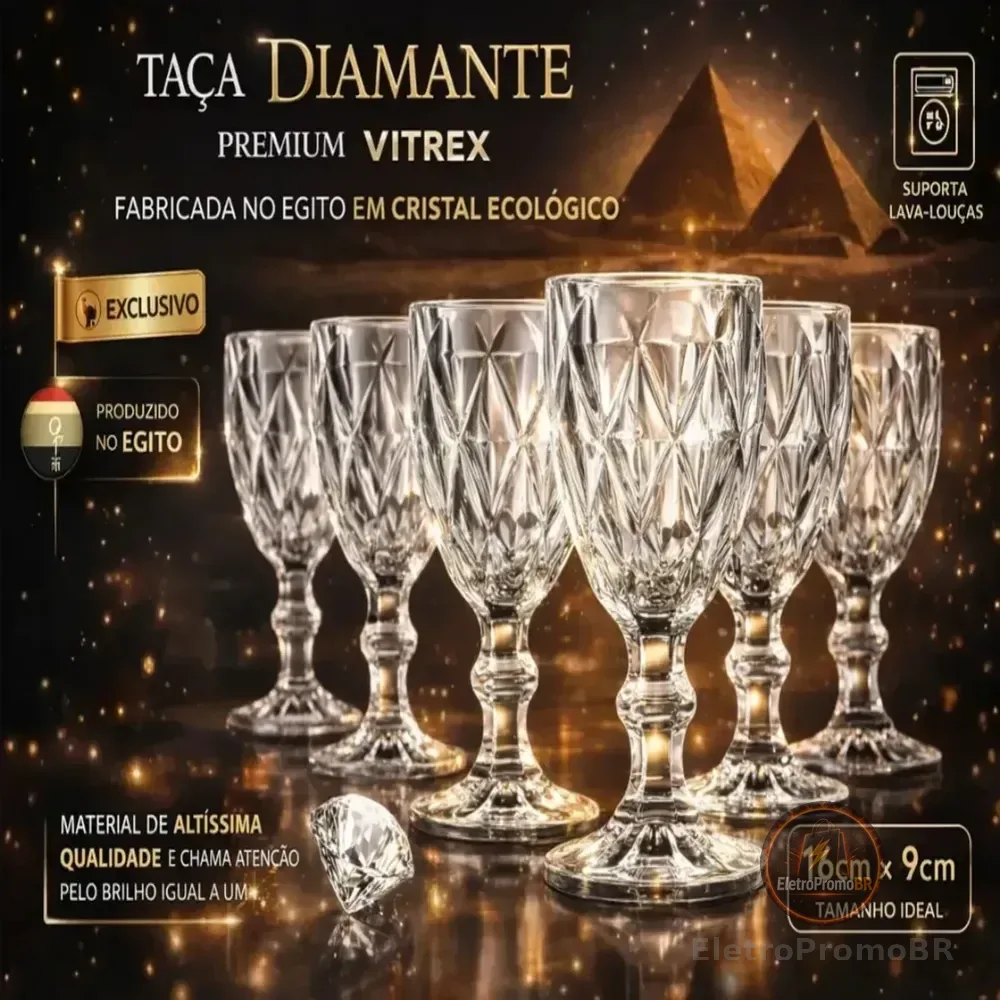 Jogo 6 Taças de Cristal 340ml Diamond Transparente Lapidado Vitrex