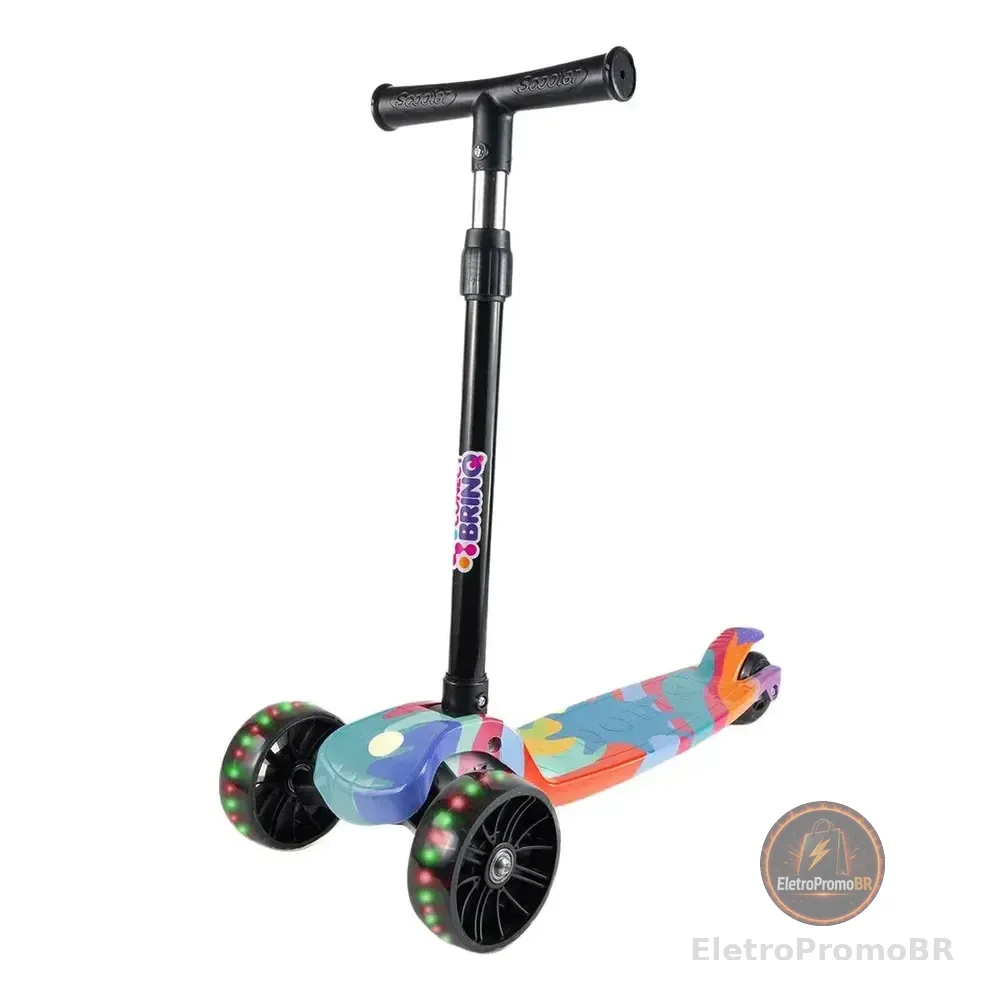 Patinete Infantil 3 Rodas Dobrável Com Led Conect Brinq Bv0011 Brinquedo Para Crianças Estável, Seguro E Divertido Colorido Azul