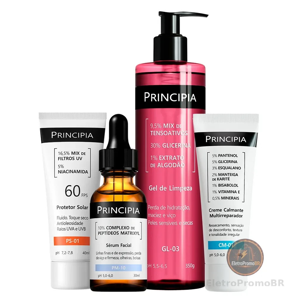 Principia Kit Antissinais Peles Sensíveis c/ Gel de Limpeza GL-03, Creme CM-01, Sérum PM-10, Protetor Solar PS-01 FPS 60