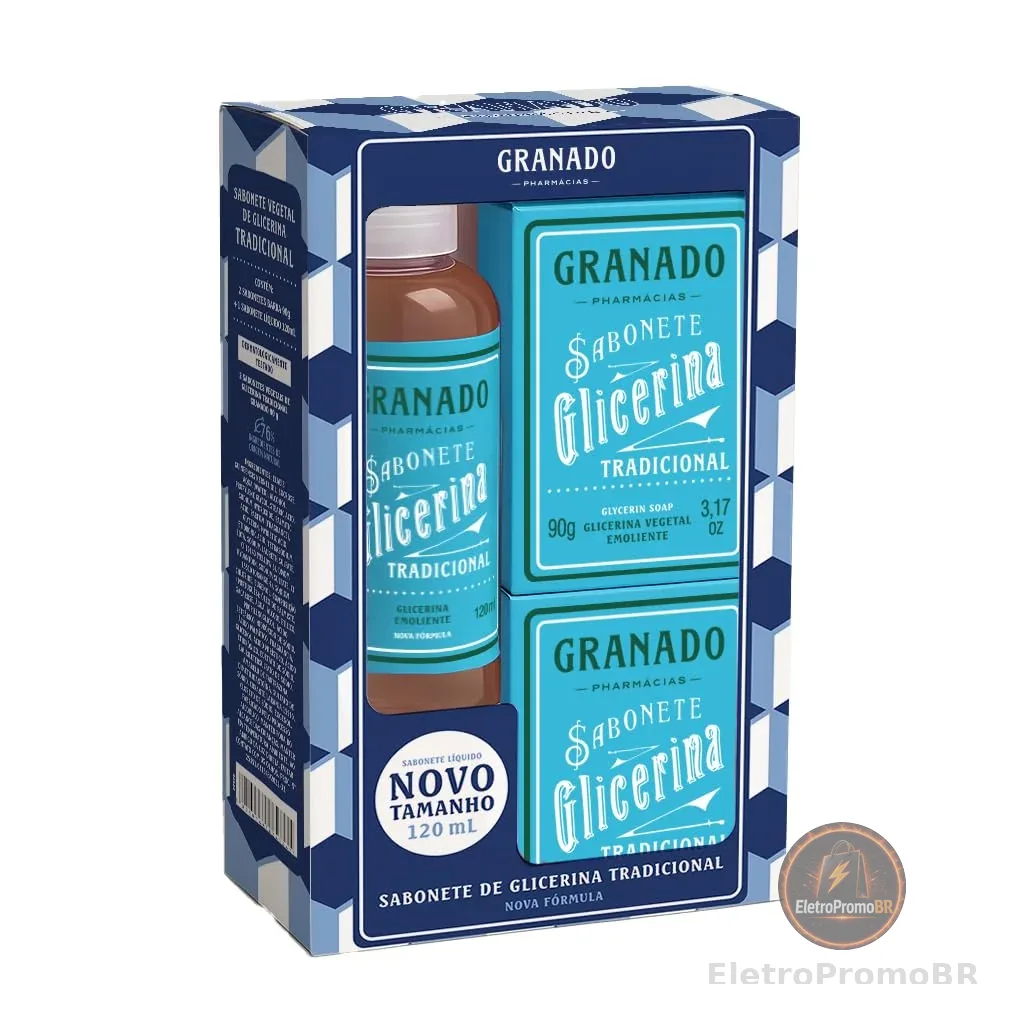 Granado Kit, Glicerina, 2 Sabonetes Barra, 90g + Sabonete Líquido Tradicional 120ml