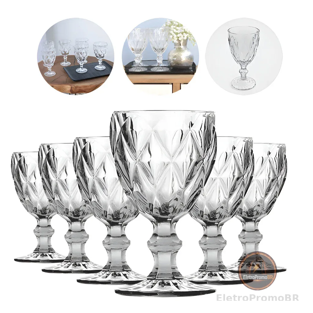 Jogo De Taças De Vidro Diamond Cristal 325ml 6 Peças