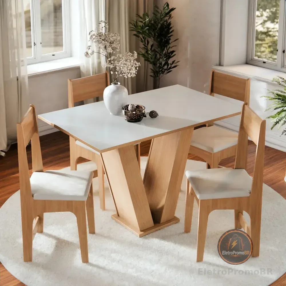 Conjunto De Jantar Vivi Com 4 Cadeiras Estofadas, Mesa Retangular Tampo Branco Off E Base Mel Mel Off Liso
