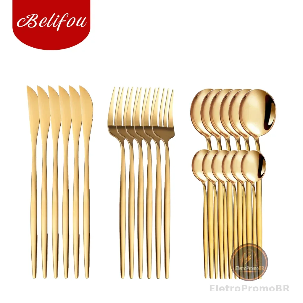 Belifou Kit 24 Jogo De Talheres Inoxidável Dourados