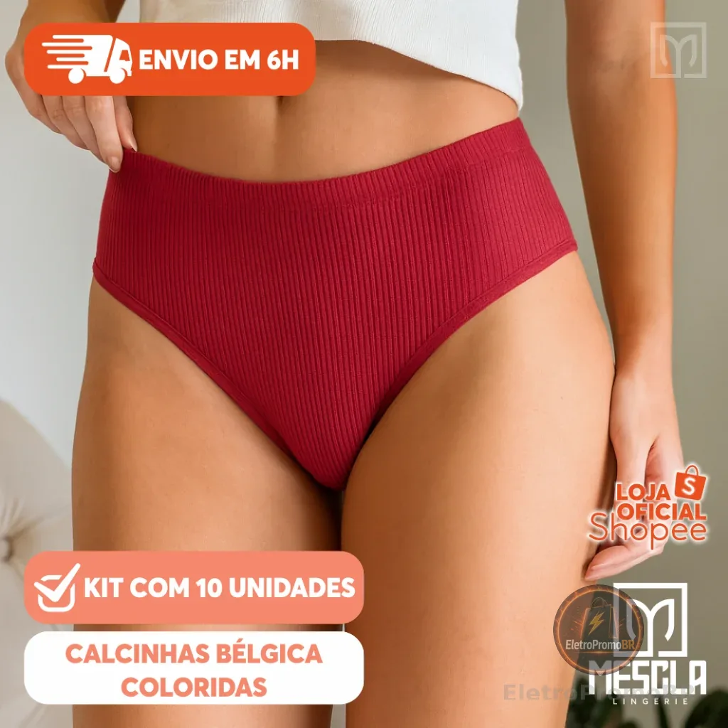 KIT com 10 Calcinhas BÉLGICA COLORIDAS Dia a Dia. Lingerie em Tecido Canelado Macio e Respirável. Forro 100% Algodão.