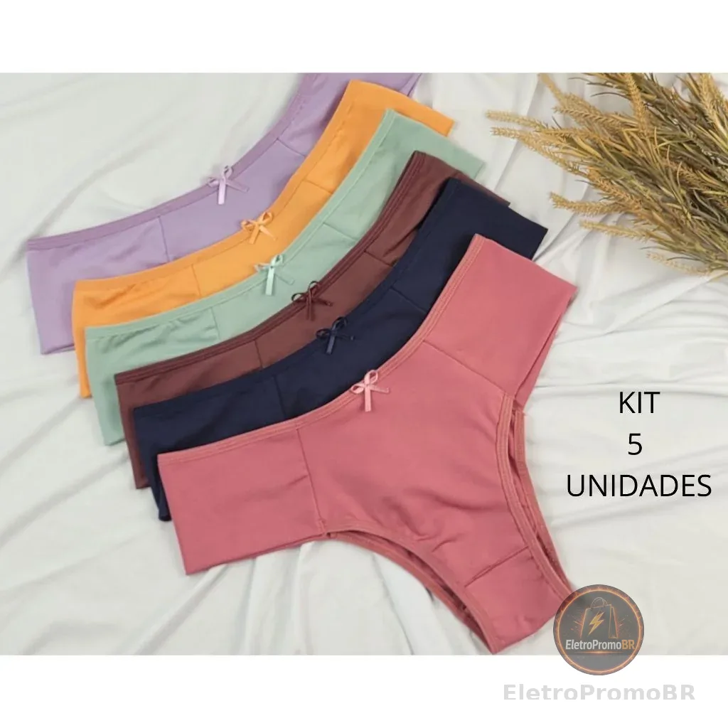 KIT 5 Calcinhas Femininas Pala Alta Forro Algodão