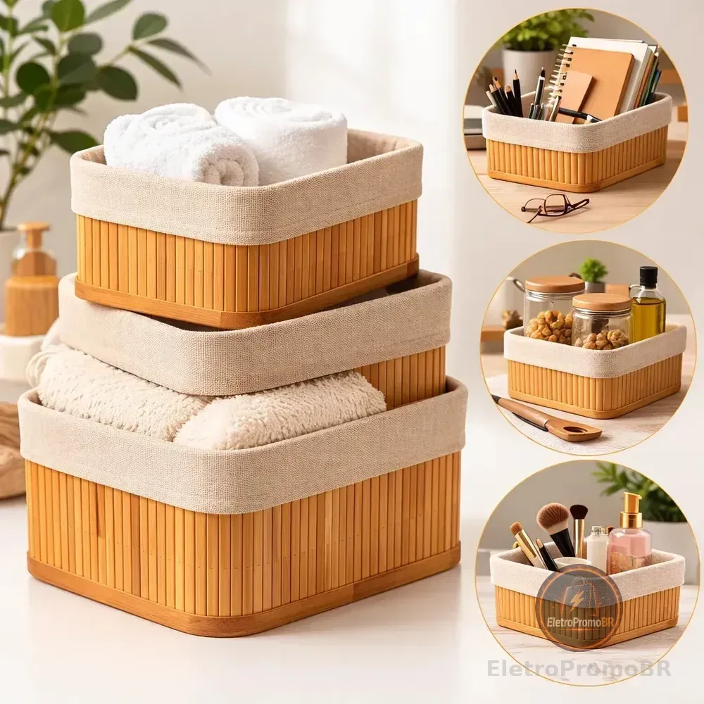 Kit 3 Cestos Organizador De Bambu Com Forro Multiuso Grande Natural