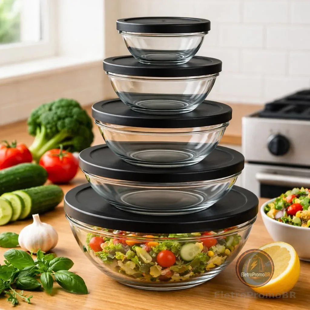 Conjunto de 5 Bowls de Vidro com Tampa Preta, Recipientes Herméticos para Alimentos, 140ml a 930ml, Transparente