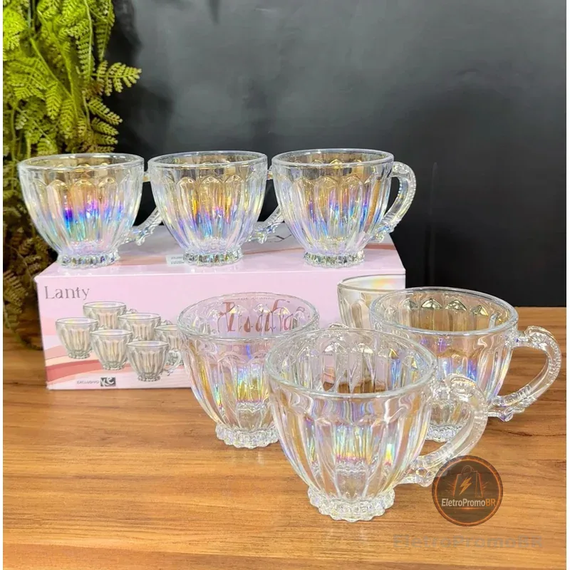 Jogo 6 Peças Xícaras de Chá/Café 200ml Itália Rainbow/Cristal/Ambar Brilhante Luxuoso