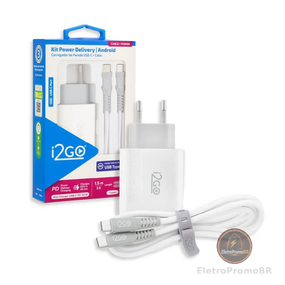 Kit Carregador de Parede Ultra Rápido com 1 Saída USB-C Power Delivery 20W + Cabo USB-C + USB-C I2GO 1,5m 3A