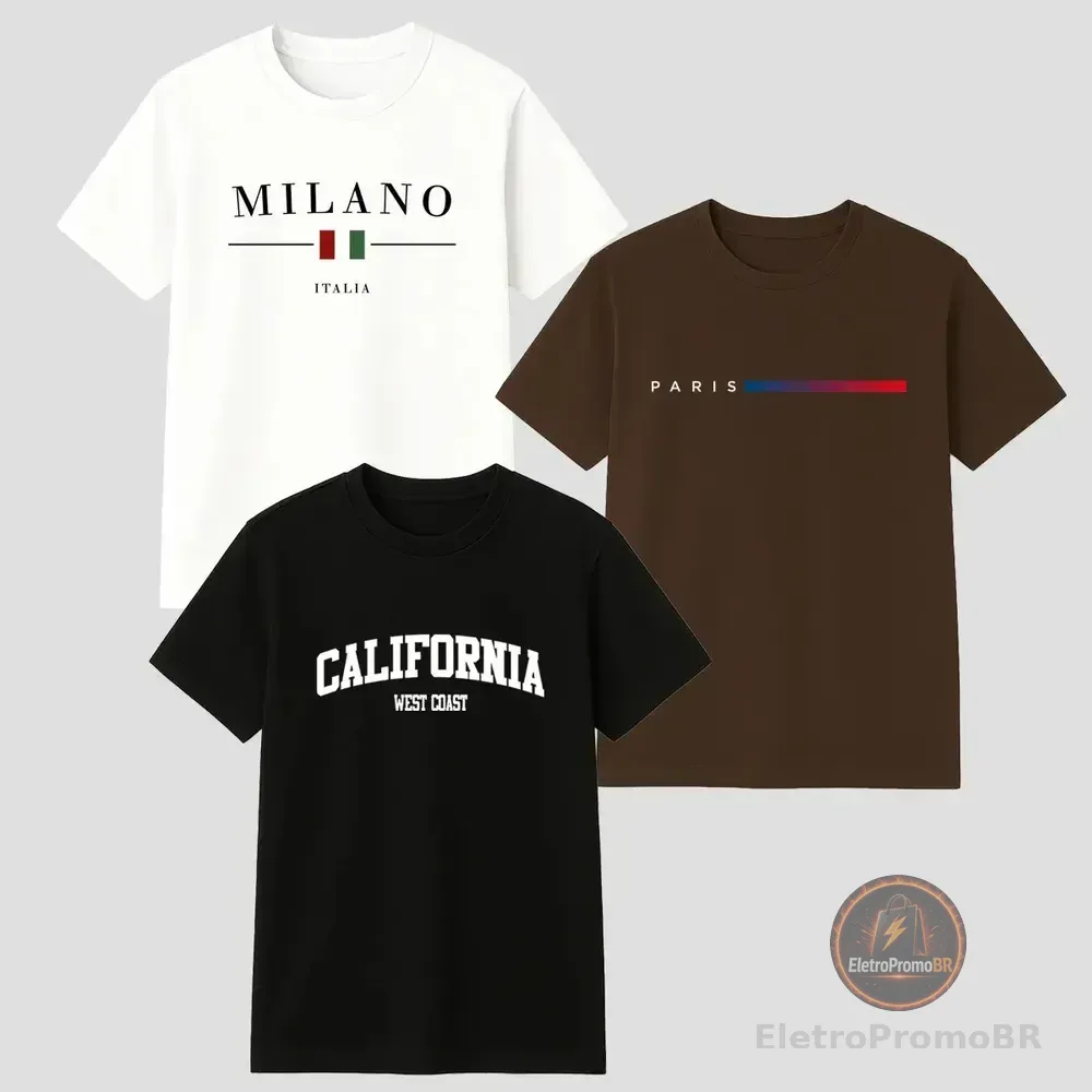 Kit 3 Camisetas Masculina 100% Algodão Premium Verão Casual Preto -marrom-branco G Estampa Localizada