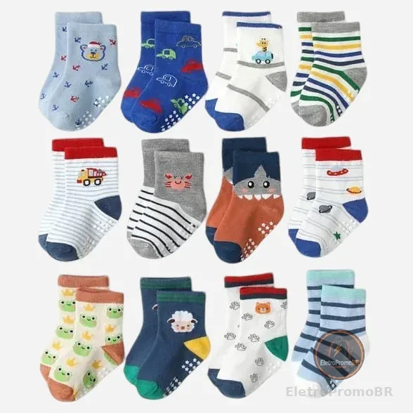 Kit 6 e 12 Pares de Meias para Recém Nascidos e Bebê Menino/Menina c/ Antiderrapante