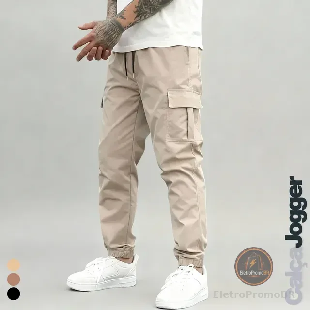 Calça Jogger Cargo Masculina Sarja Calca Streetwear Punho