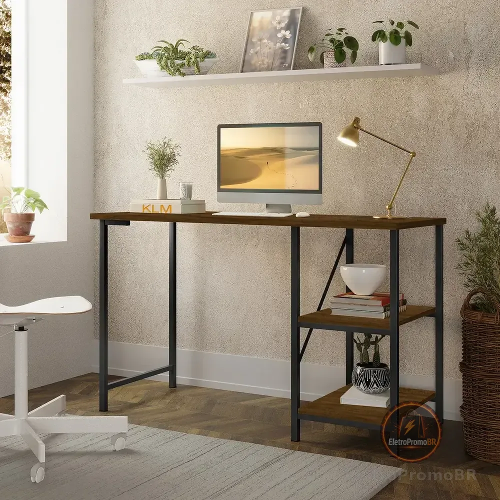 Mesa Escrivaninha Mesa Office Estudo Estilo Industrial Cor Preto Imbuia 1,10m Klm