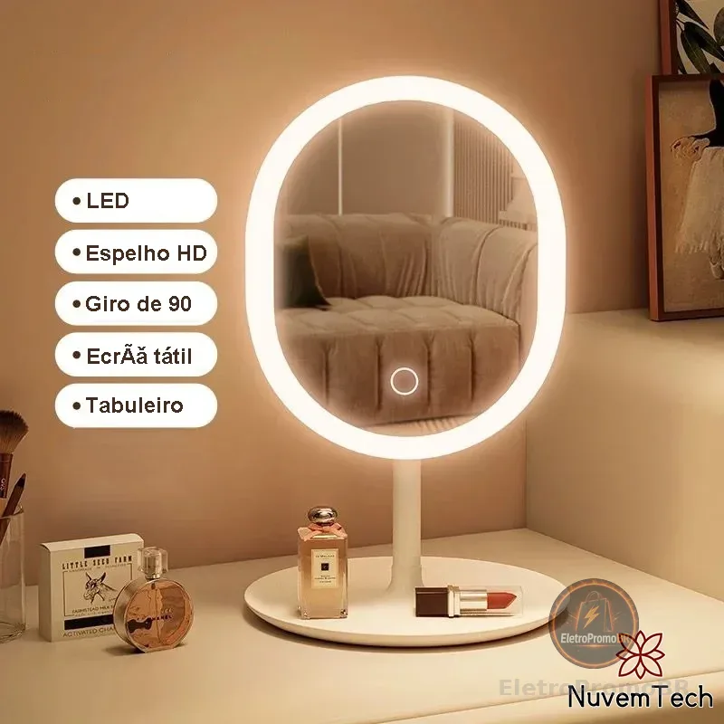 Espelho De Maquiagem Mesa Inteligente Com Luz LED USB Portátil Dobrável Ajustável Touch Oval