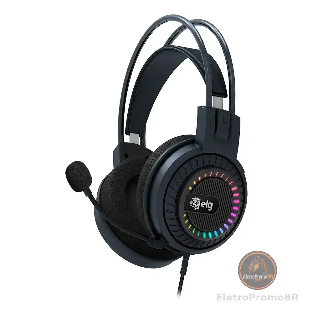 Headset Gamer Mizar ELG, 3D Surround 7.1, Drivers de 50mm, Microfone Omnidirecional, Earpads de Malha Esportiva, Iluminação RGB, Preto, HGMZ