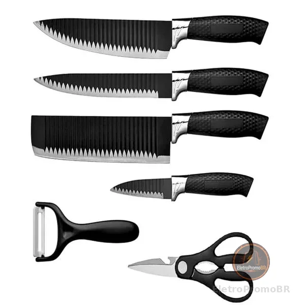 Kit Conjunto Jogo De Facas Antianderente Kit 6 Peças Chef Cozinha Aço Inoxidável Churrasco
