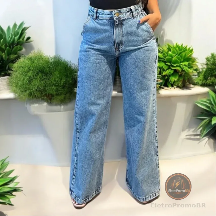 Calça Wide Leg Jeans Feminina Marmorizada Cintura Alta