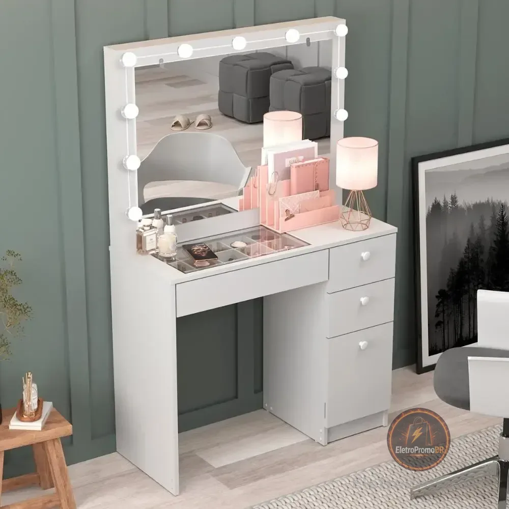 Penteadeira Ditália C/ Tampo De Vidro + Kit Luz Pe-120 Cozy Branco