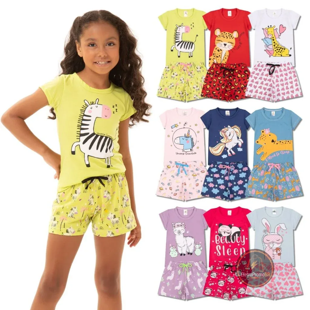 Kit Sortido 4 Peças de Pijamas Infantis para Meninas Confortáveis e Cheios de Estilo - 2 Camisetas + 2 Shorts