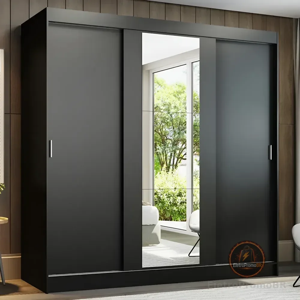 Guarda-roupa Casal Armário Quarto Madesa Reno 3 Portas Correr Espelho Preto 1095h91e