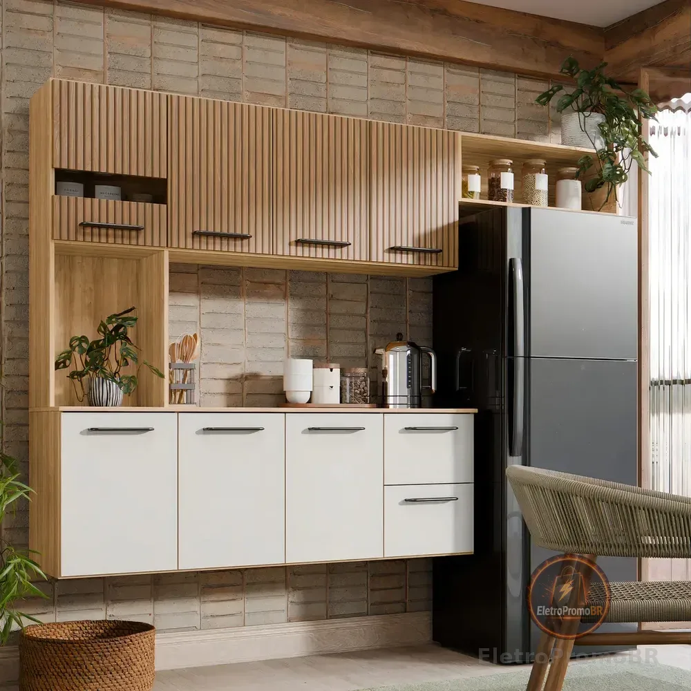 Armário De Cozinha Completa Aéreo 7 Portas E 2 Gavetas Planejada Suspenso Branco Off White Ripado Carvalho Nature Amadeirado Off Ripado