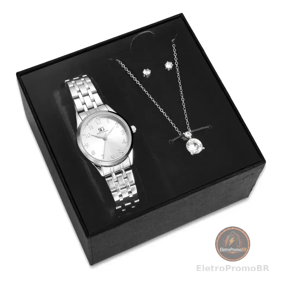 Kit Relógio Colar Brincos Prata Feminino Saint Germain 28 Mm Prateado