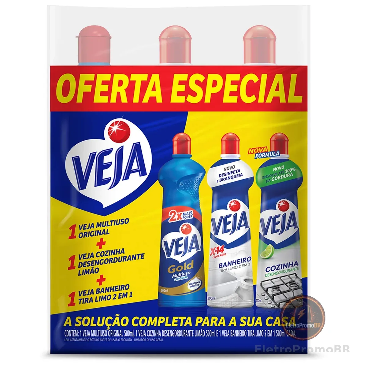 Kit Veja - 1 Limpadores Multiuso Original 500ml + 1 Limpador Cozinha Desengordurante Limão 500ml + 1 Limpador Banheiro Tira Limo 500ml