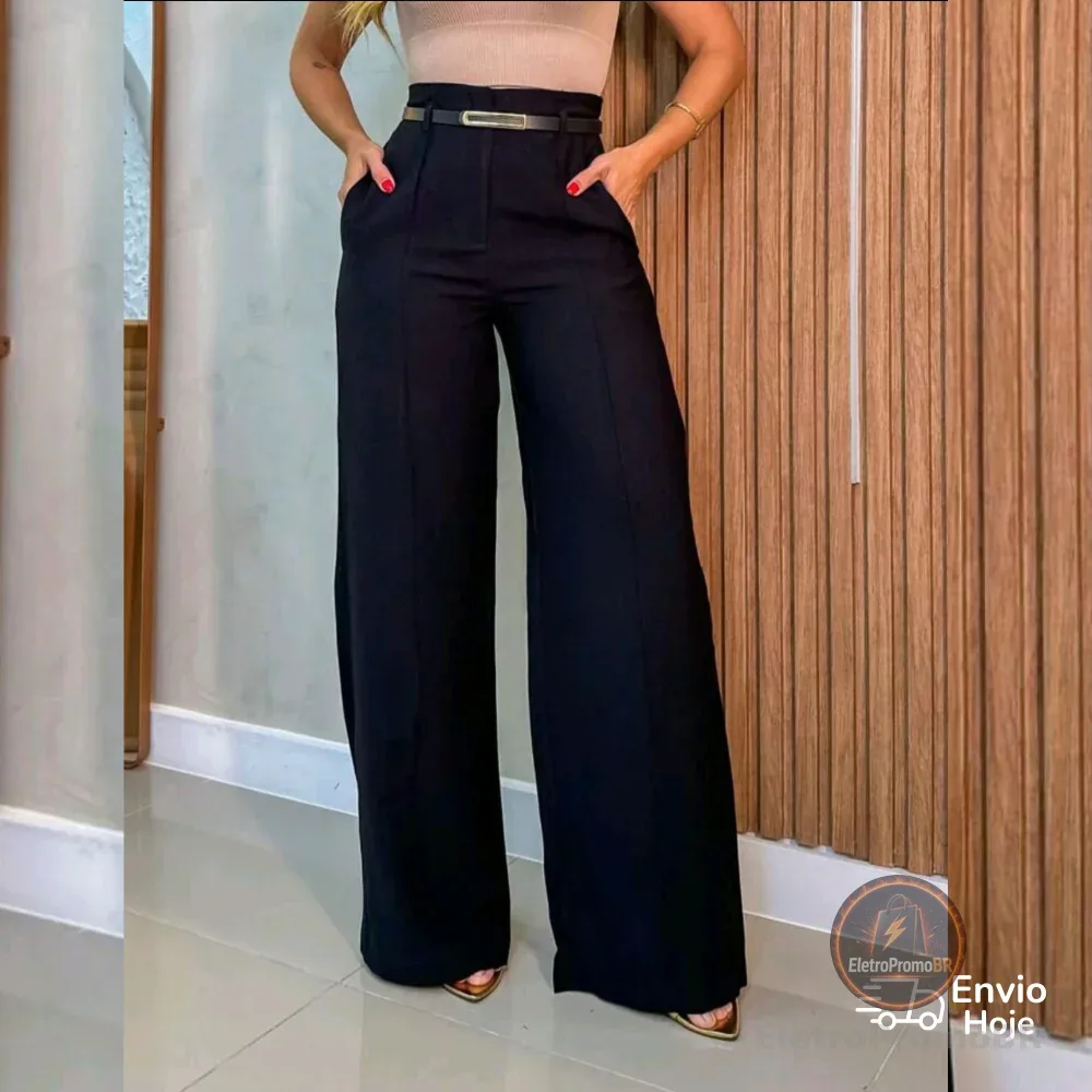 Calça Social Feminina Pantalona Alfaiataria Com Cinto