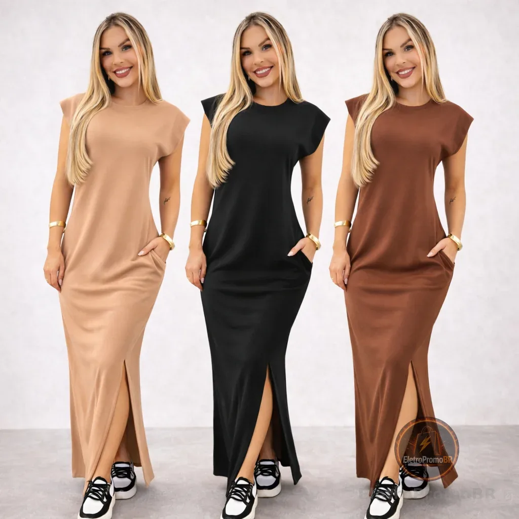 Vestido Longo Casual Basico Feminino Ribana Canelada Manga Muscle